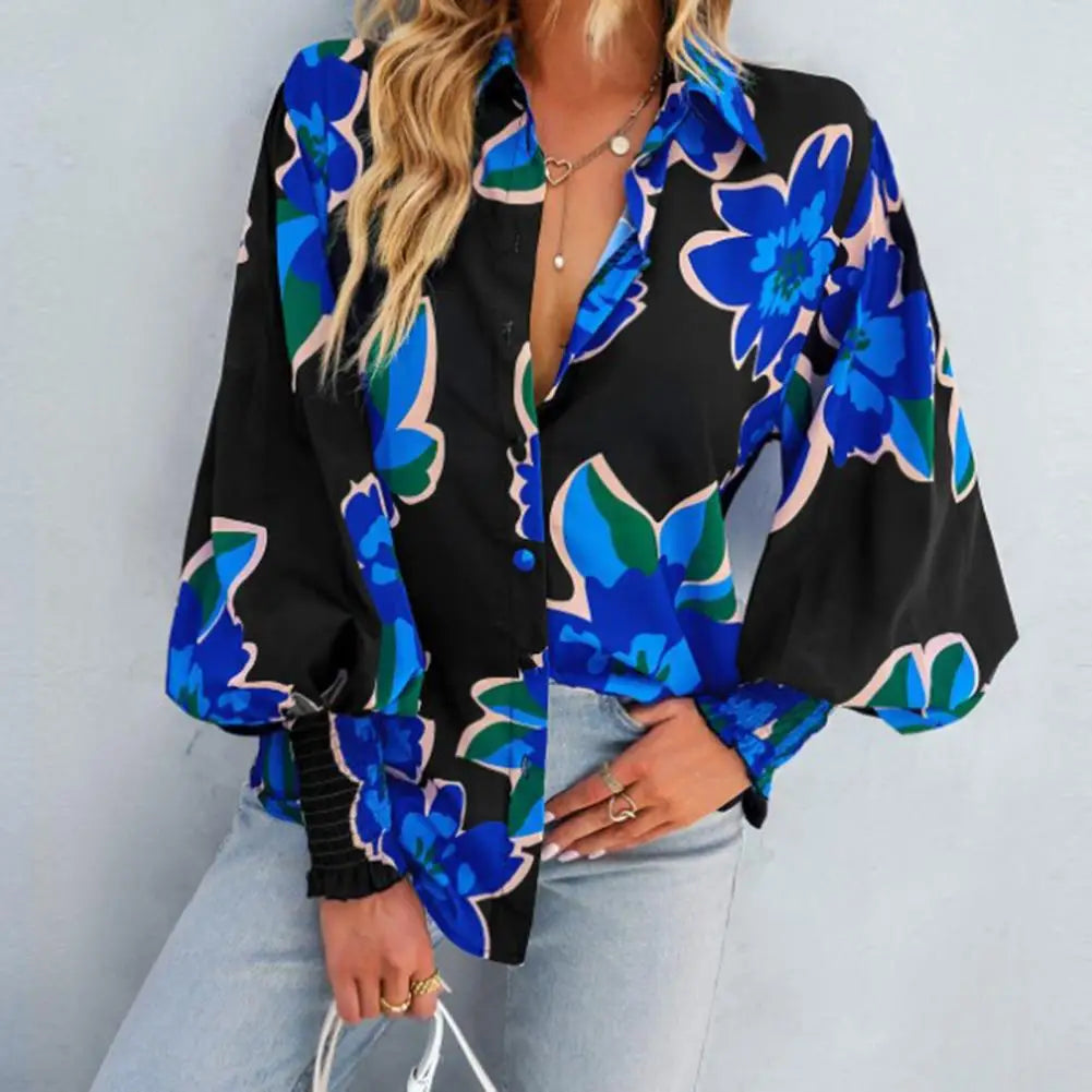 Lauryn - Elegant lantern-sleeve printed polo blouse