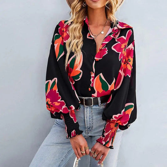 Lauryn - Elegant lantern-sleeve printed polo blouse