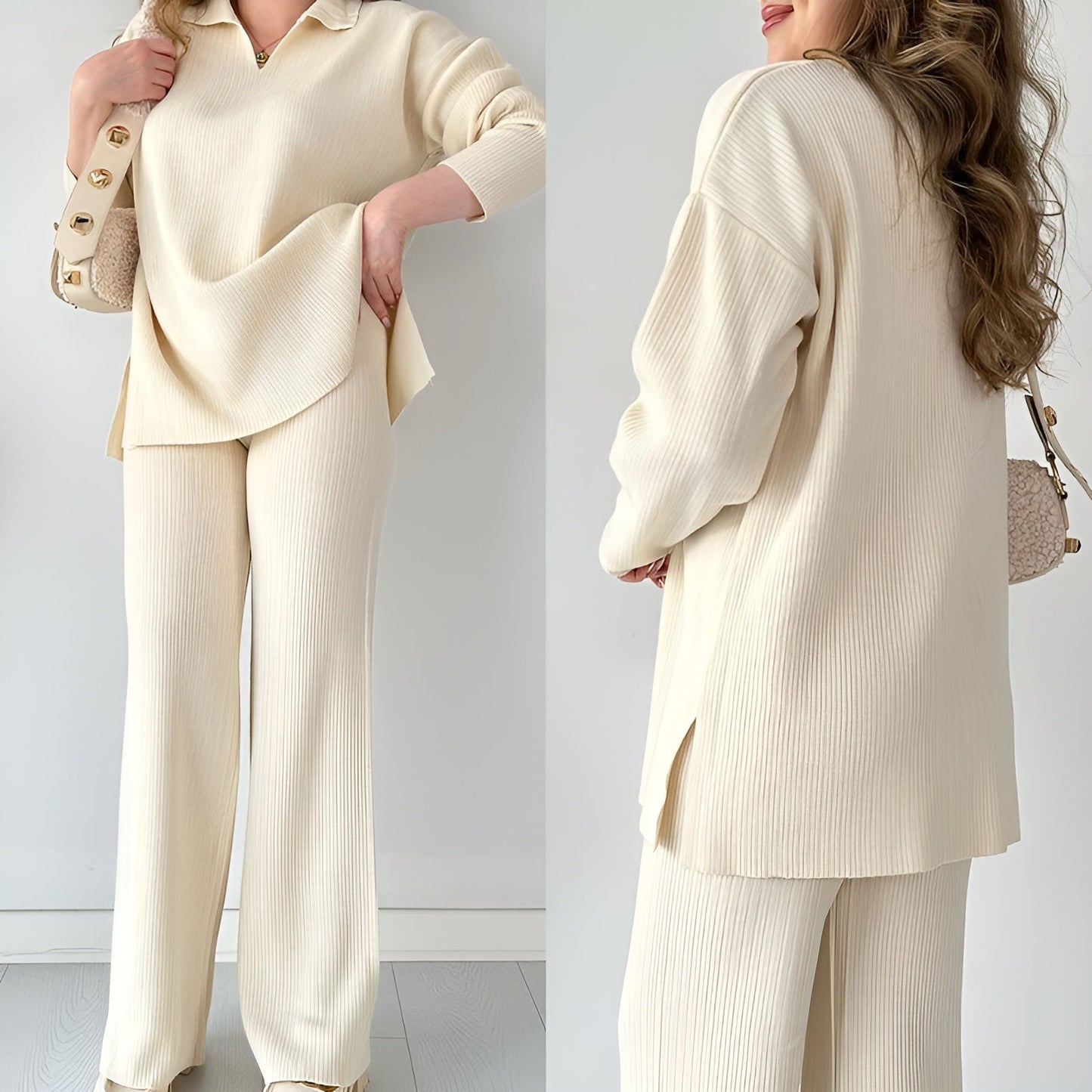 Julianna - Elegant set with long-sleeve V-neck blouse and trousers