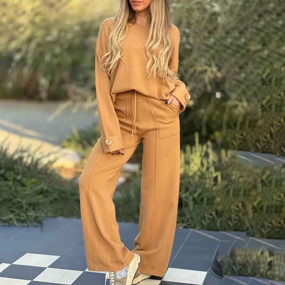 Thessaly - Loose long-sleeve top and wide-leg trousers set