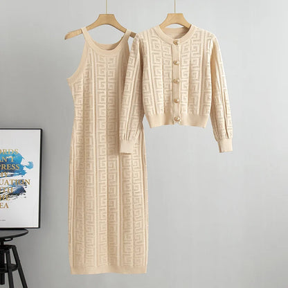 Zianna - Elegant geometric knit dress and cardigan set