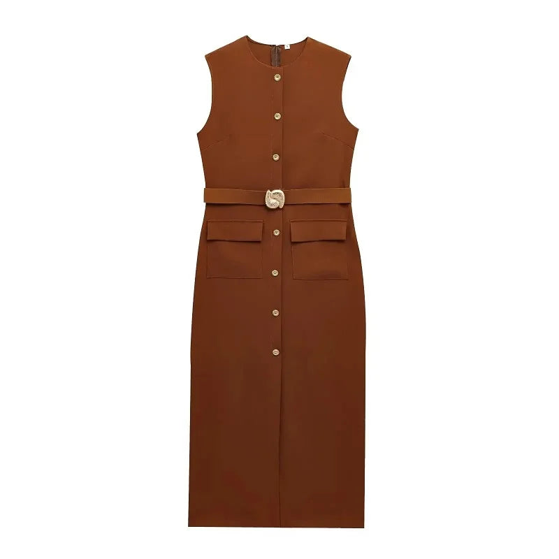 Women's Formal Midi Dress | Sleeveless, Belted