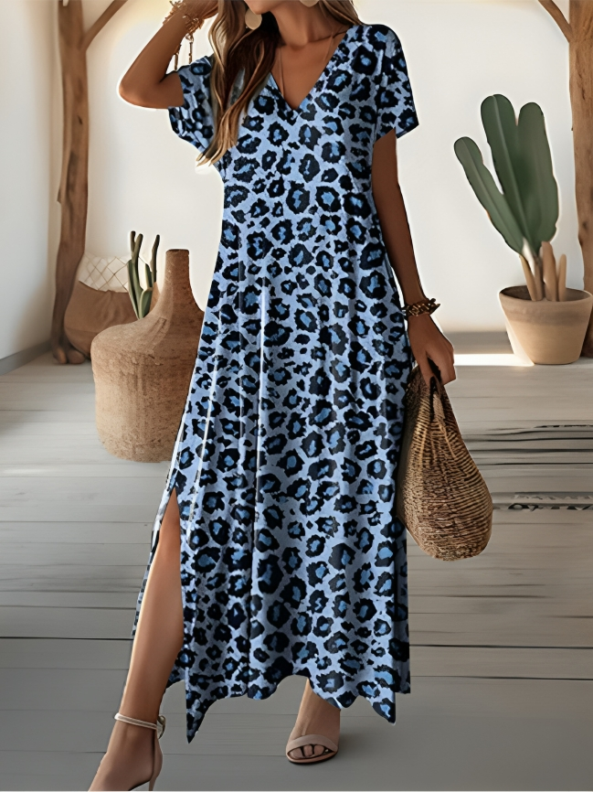 Quantina - Elegant leopard print short-sleeve maxi dress with V-neck