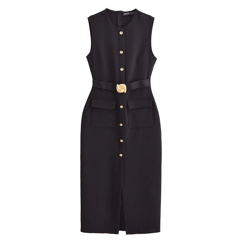 Women's Formal Midi Dress | Sleeveless, Belted