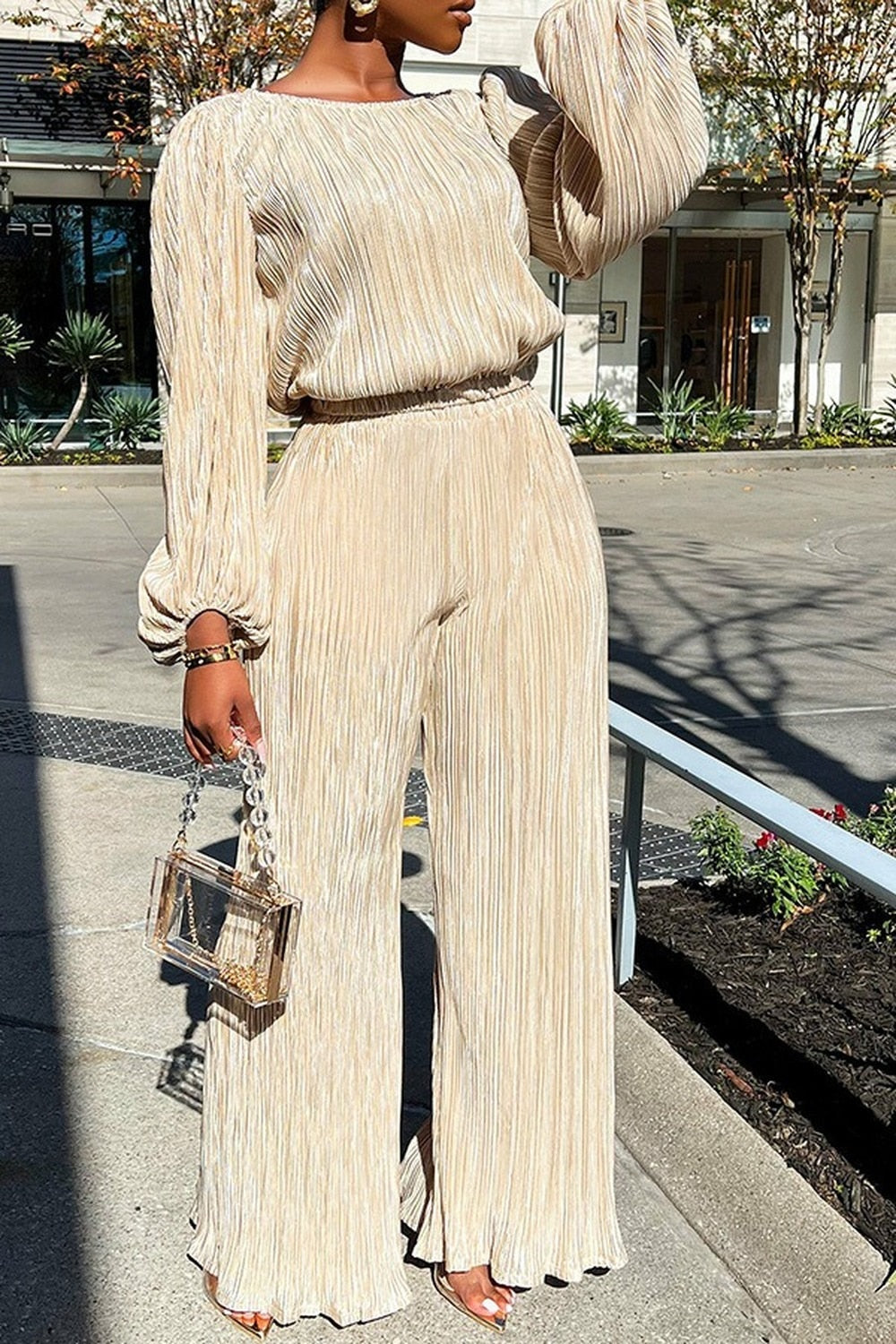 Arianne - Elegant pleated long-sleeve blouse and wide-leg trousers set