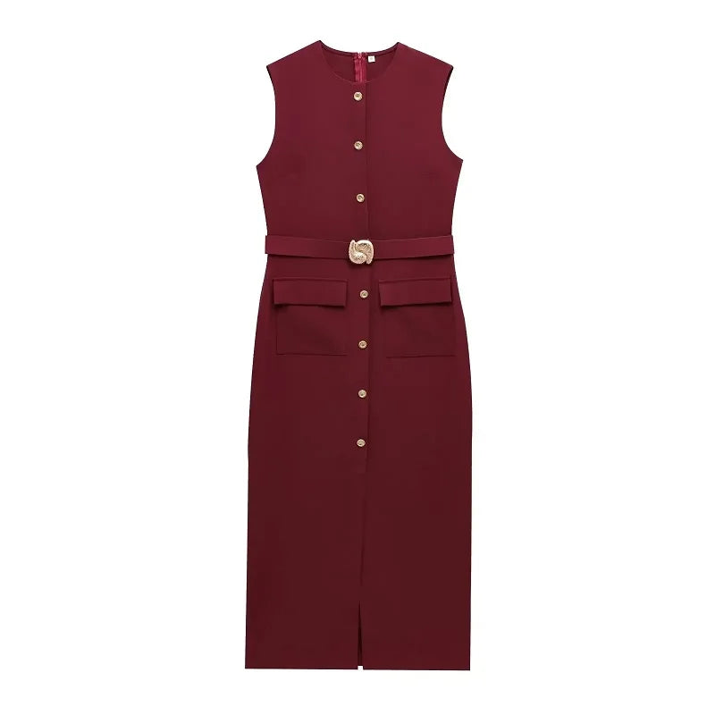 Women's Formal Midi Dress | Sleeveless, Belted