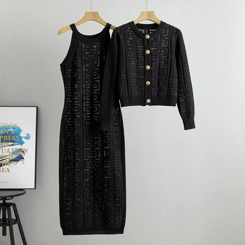 Zianna - Elegant geometric knit dress and cardigan set