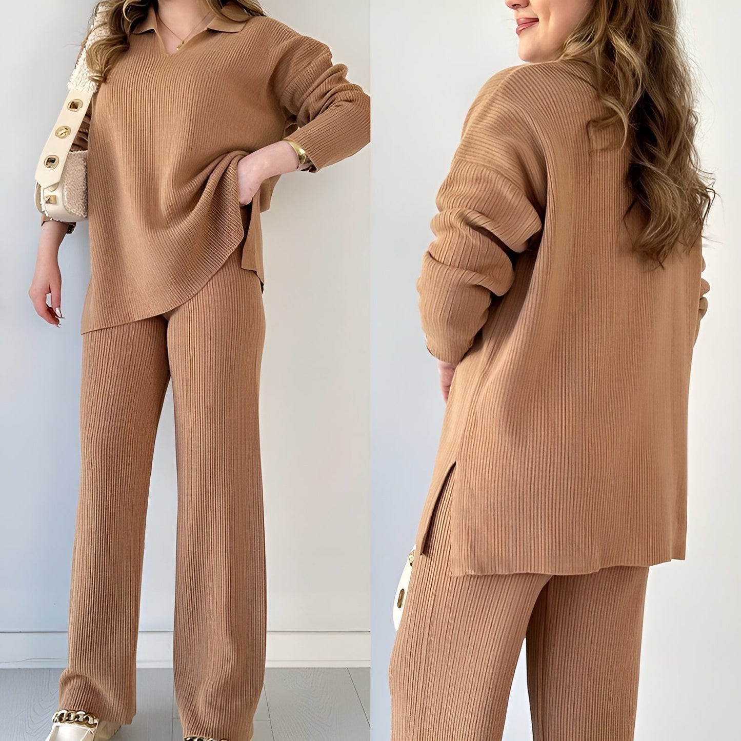 Julianna - Elegant set with long-sleeve V-neck blouse and trousers