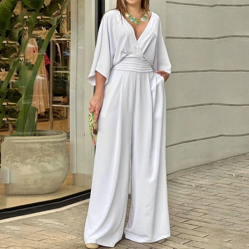 Manuela - Elegant loose-fit V-neck batwing-sleeve wide-leg jumpsuit