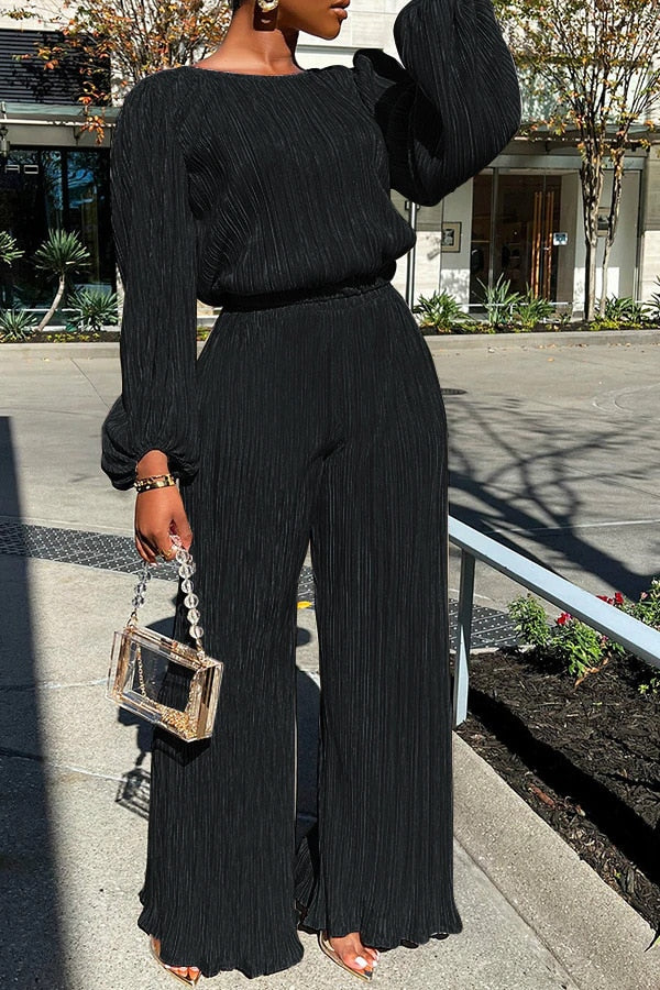Arianne - Elegant pleated long-sleeve blouse and wide-leg trousers set