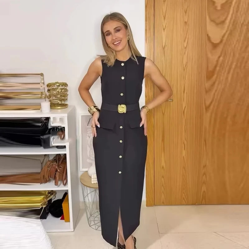 Women's Formal Midi Dress | Sleeveless, Belted