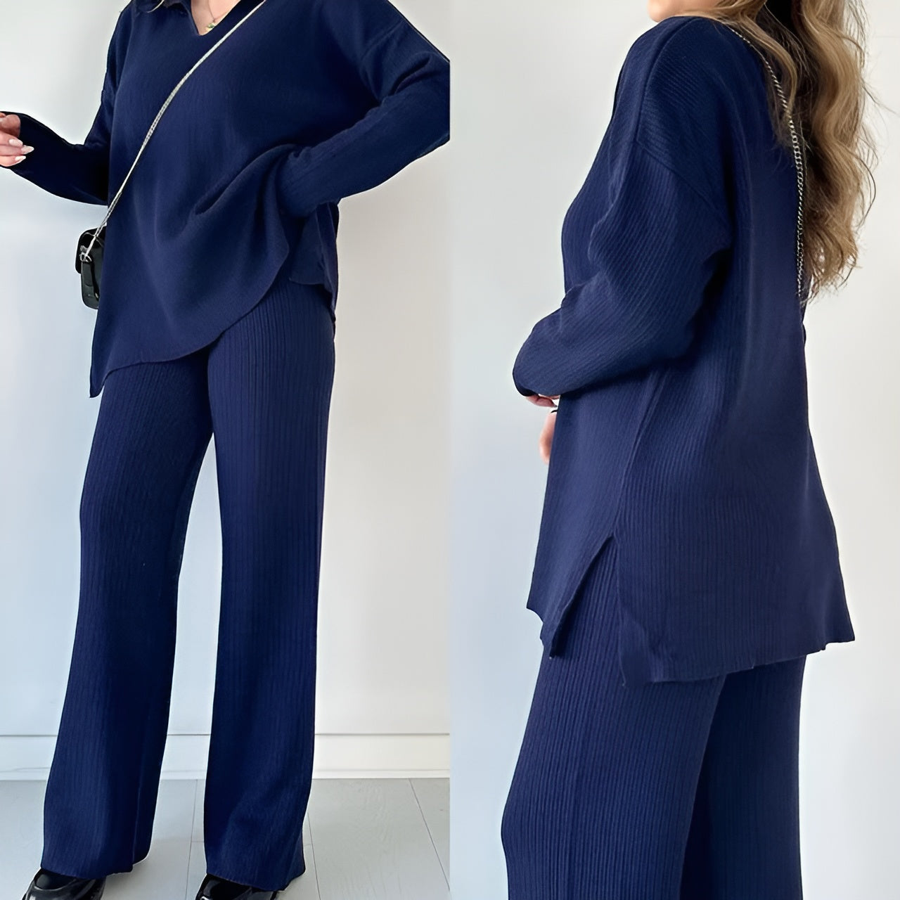 Julianna - Elegant set with long-sleeve V-neck blouse and trousers