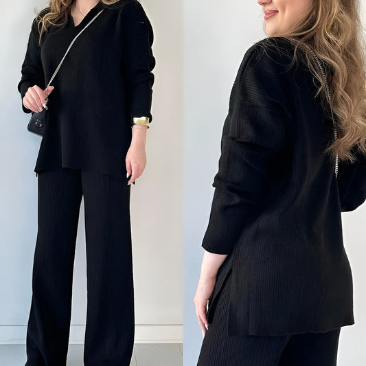 Julianna - Elegant set with long-sleeve V-neck blouse and trousers