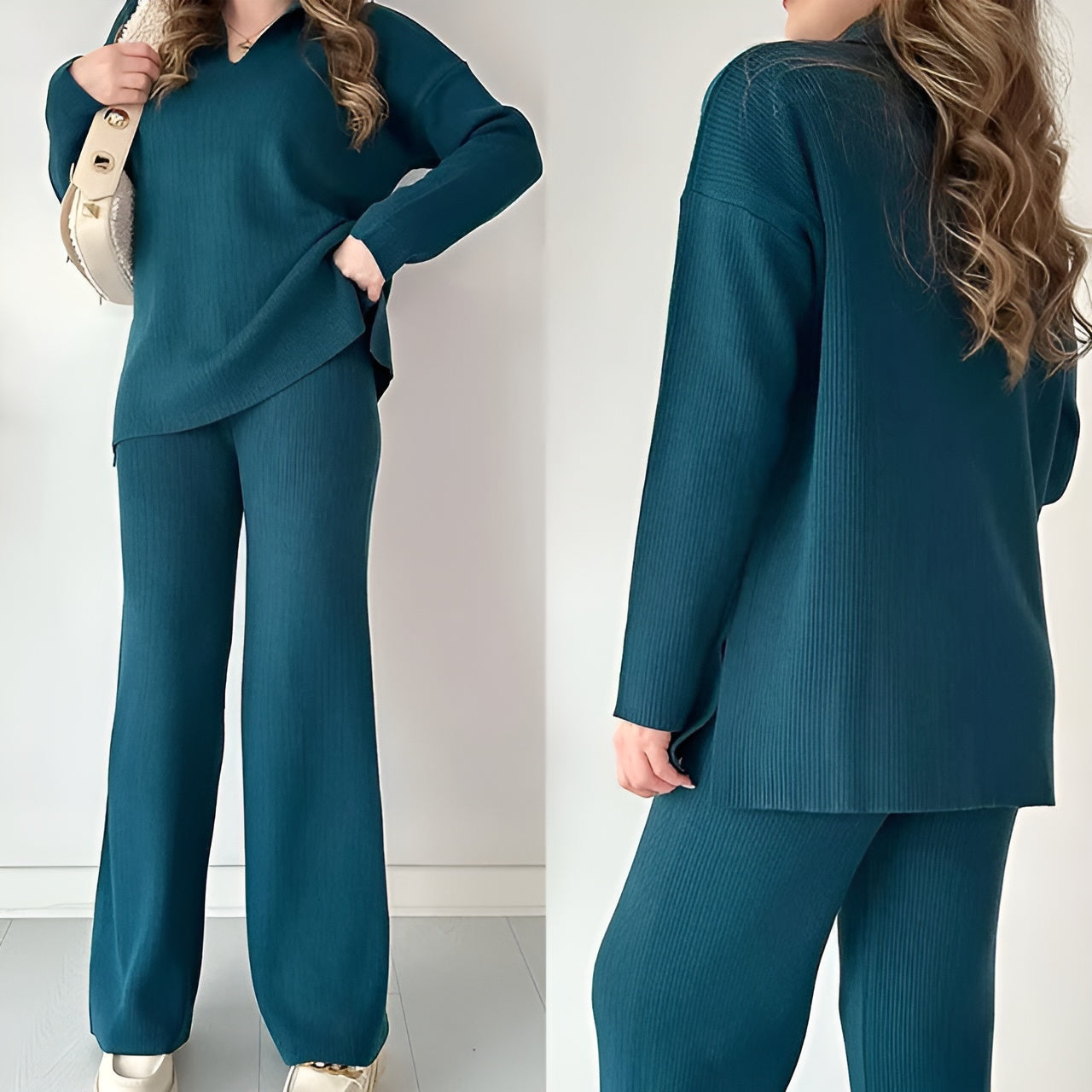 Julianna - Elegant set with long-sleeve V-neck blouse and trousers