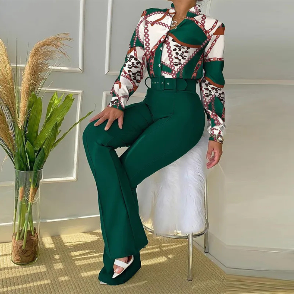 Lennea - Elegant printed long-sleeve polo and trousers set