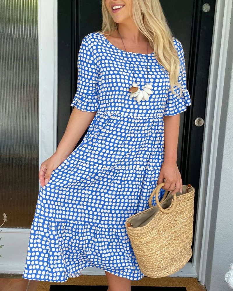 Samaira - Elegant loose polka dot midi dress with short sleeves