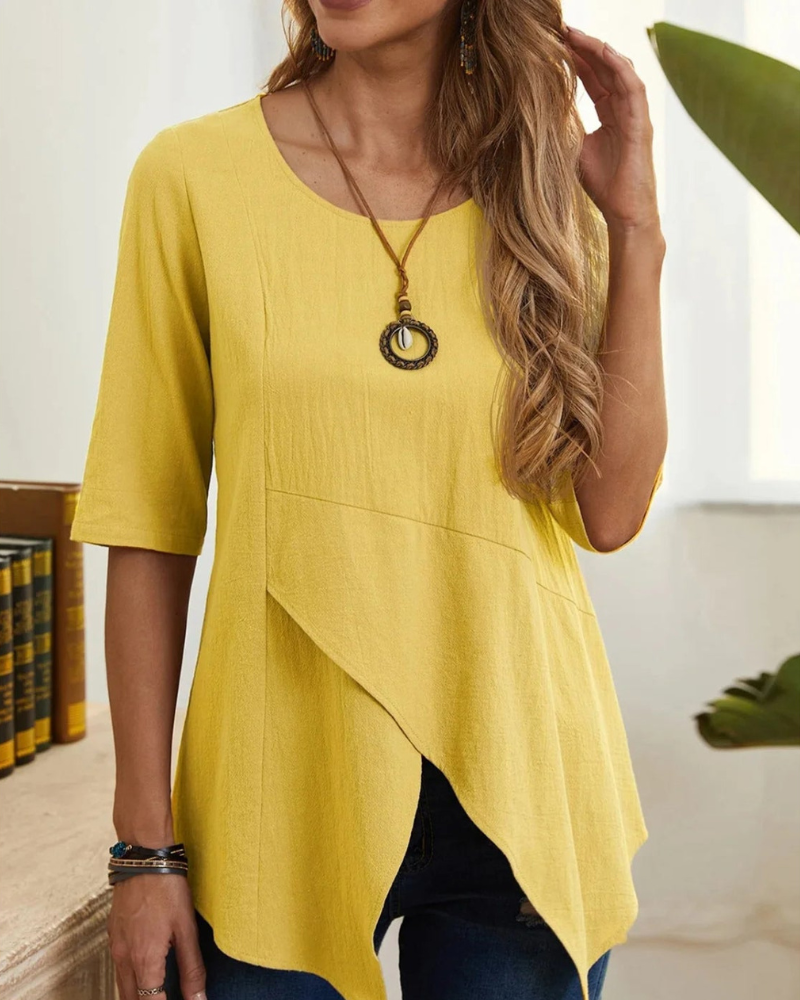 Zayda - Casual loose round-neck asymmetrical blouse