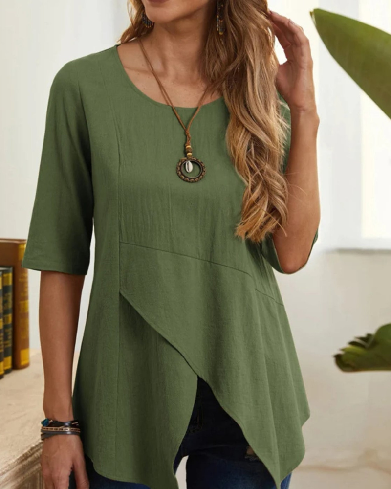 Zayda - Casual loose round-neck asymmetrical blouse