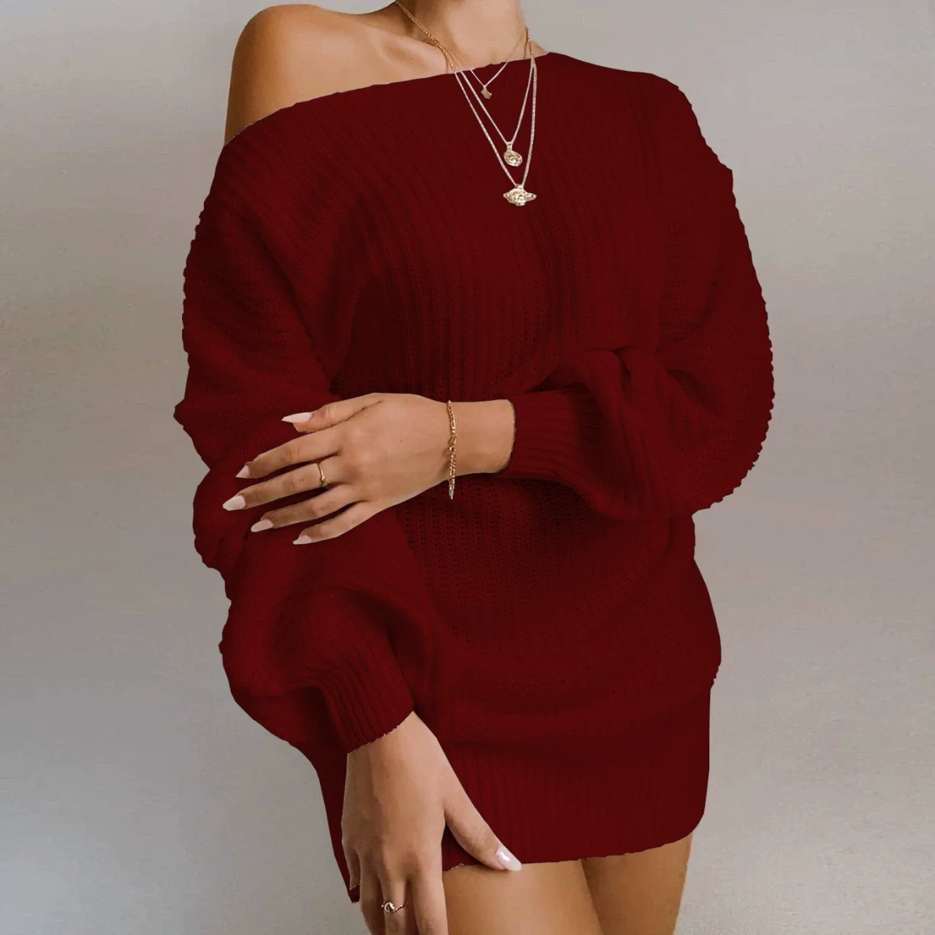 Yalena - Elegant Off-Shoulder Warm Knitted Dress