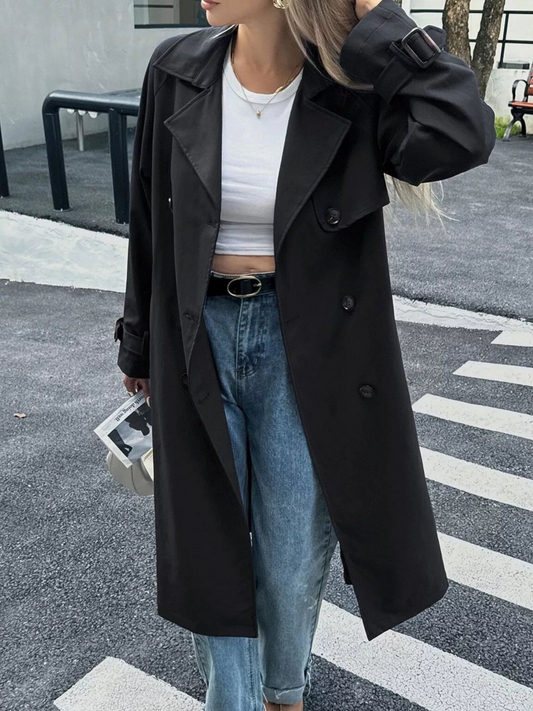 Maine - Casual Long Double-Breasted Trench Coat with Belt