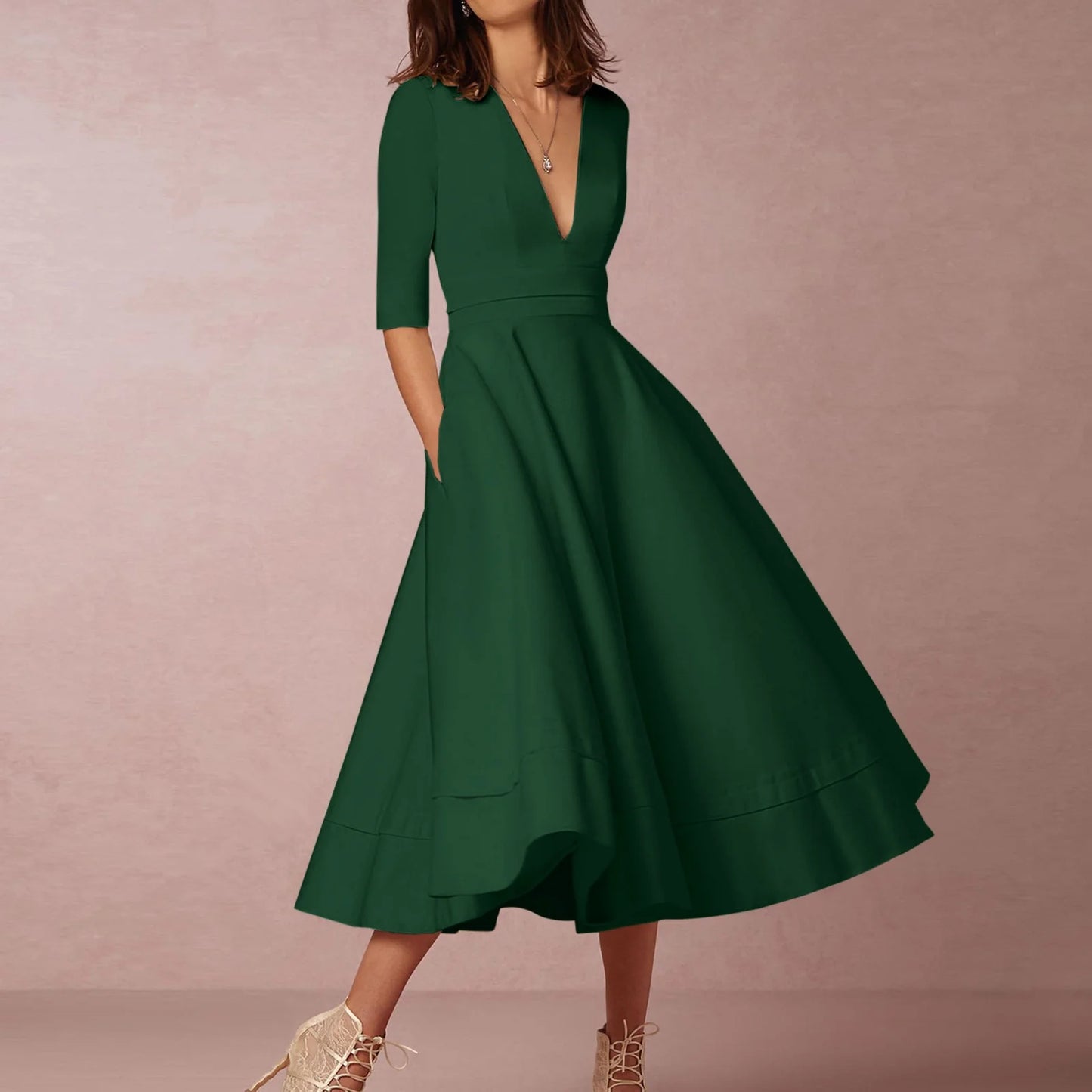 Women's Elegant A-Line Dress | Midi, Deep V-Neck