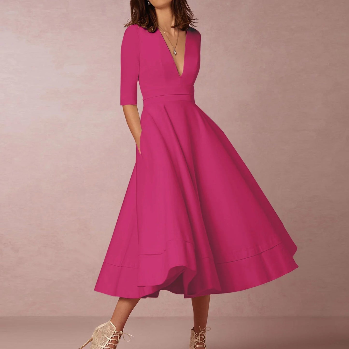 Women's Elegant A-Line Dress | Midi, Deep V-Neck
