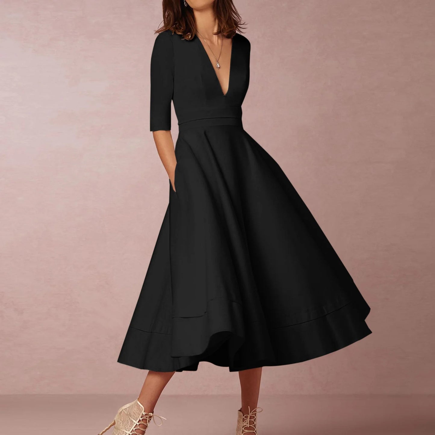 Women's Elegant A-Line Dress | Midi, Deep V-Neck