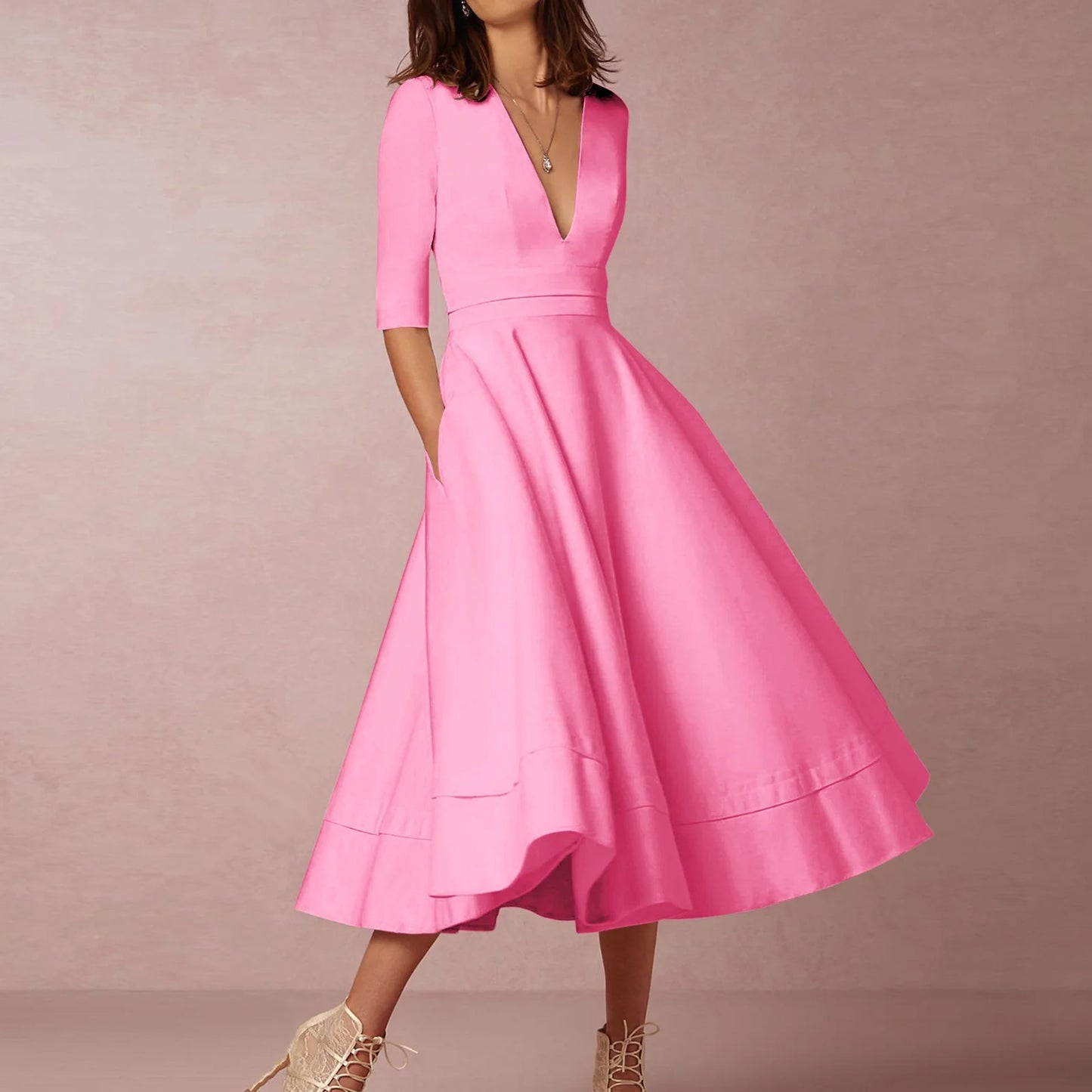 Women's Elegant A-Line Dress | Midi, Deep V-Neck