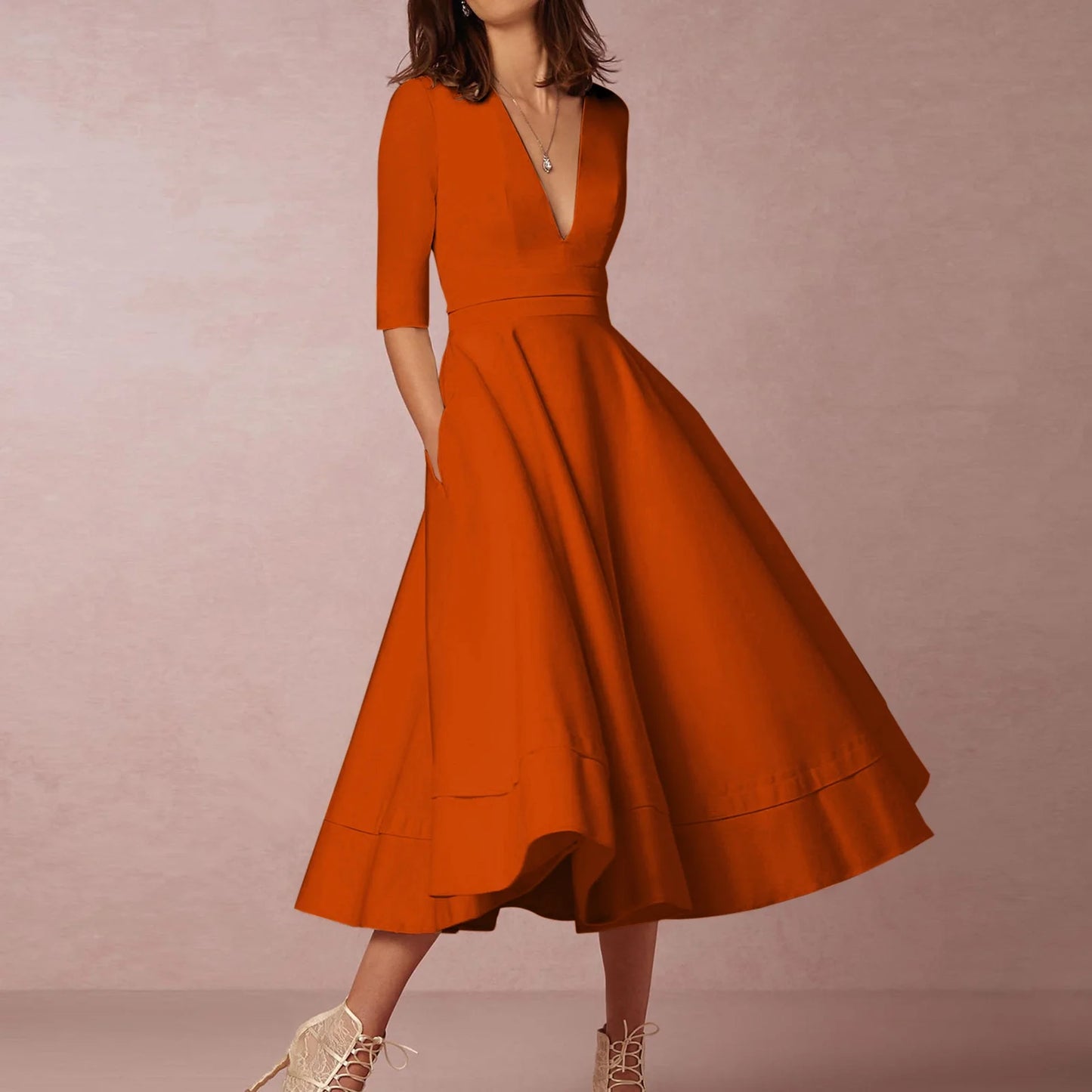 Women's Elegant A-Line Dress | Midi, Deep V-Neck