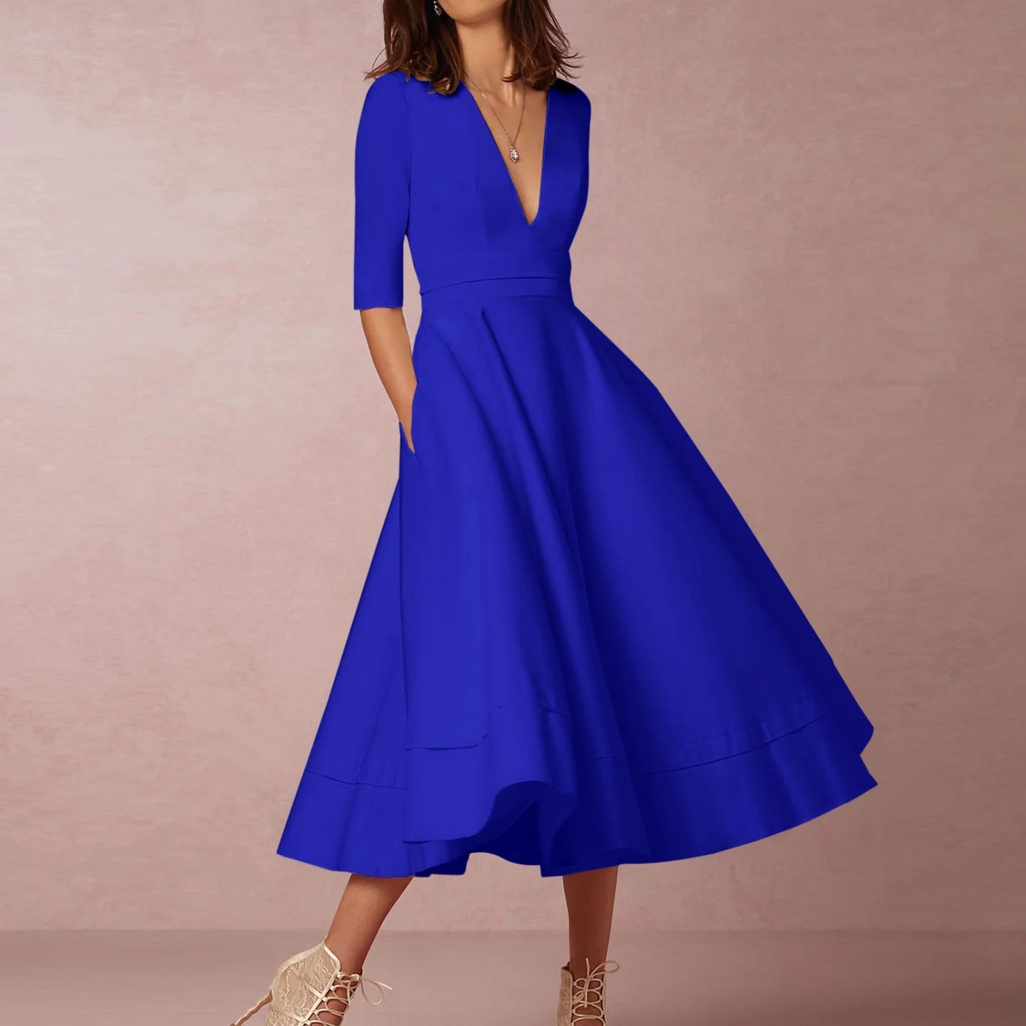 Women's Elegant A-Line Dress | Midi, Deep V-Neck