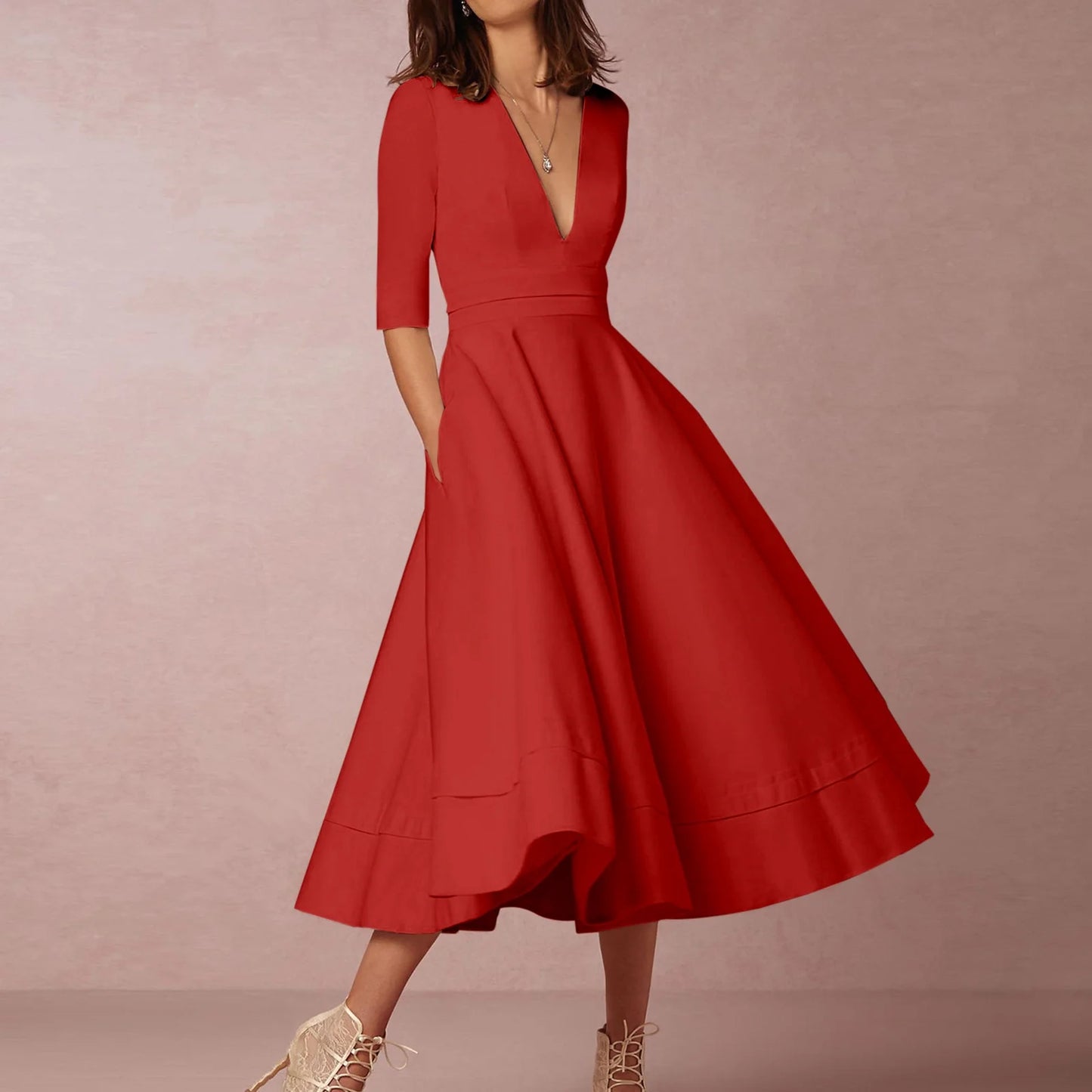 Women's Elegant A-Line Dress | Midi, Deep V-Neck
