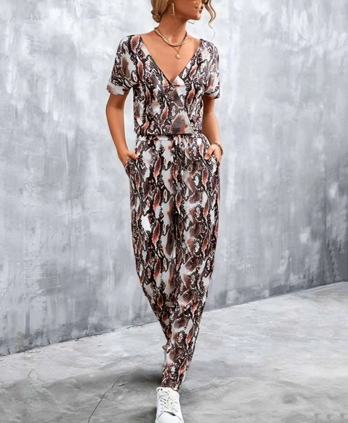 Olivette - Elegant printed deep V-neck jumpsuit