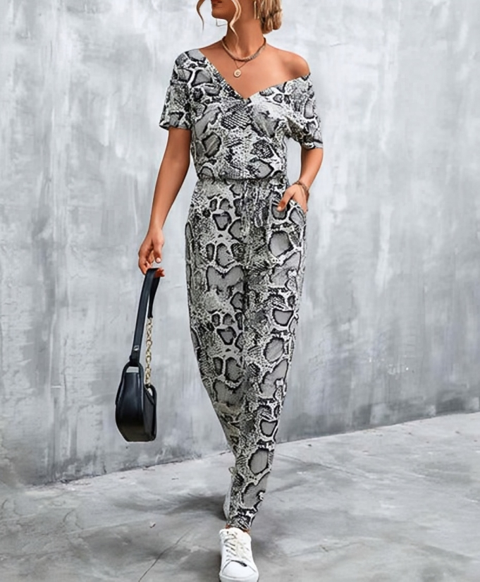 Olivette - Elegant printed deep V-neck jumpsuit
