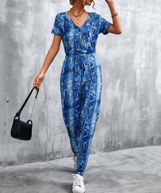 Olivette - Elegant printed deep V-neck jumpsuit