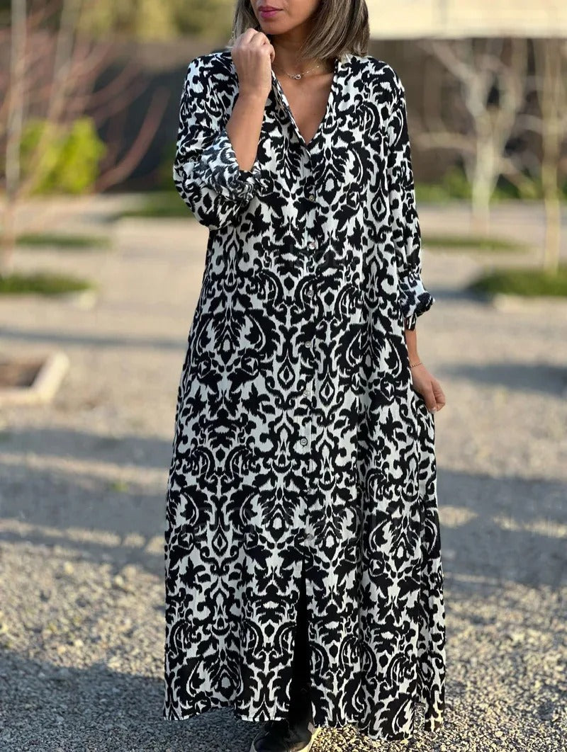Jamella - Elegant long-sleeve maxi dress with ethnic print