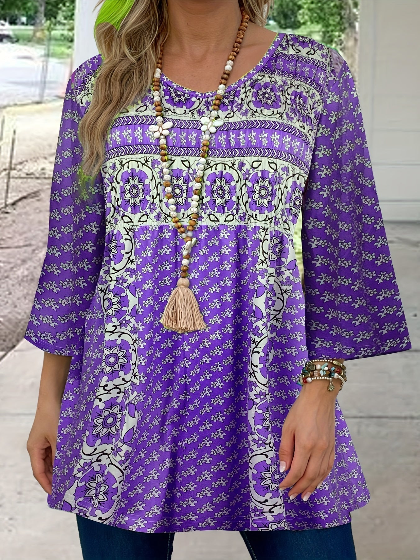 Patrisha - Elegant loose half-sleeve boho print blouse
