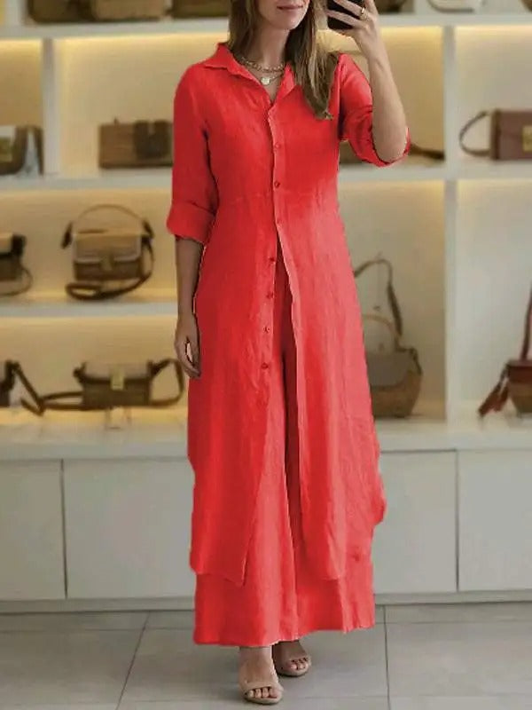 Sunniva - Casual linen buttoned maxi dress and wide-leg trousers set