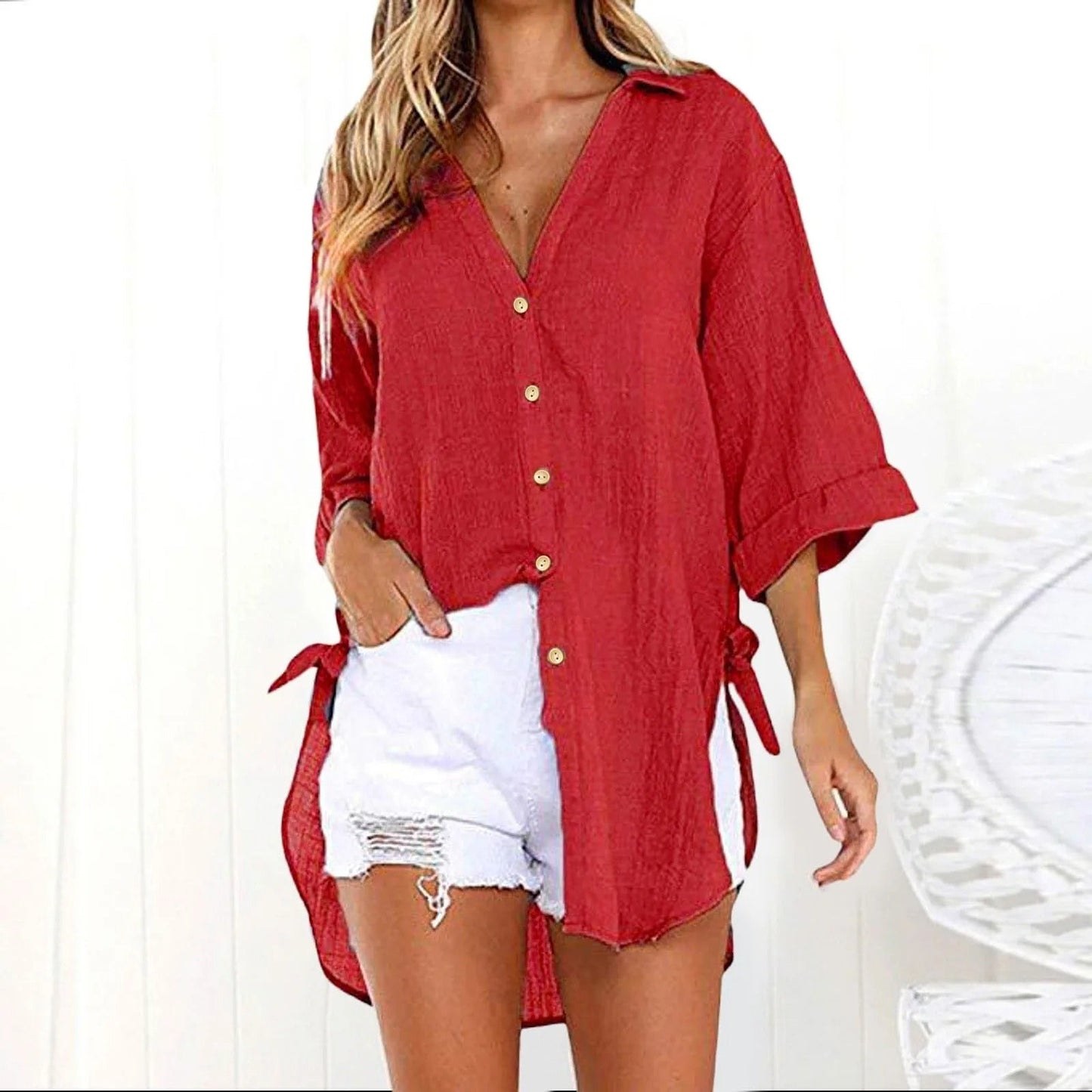 Karmella - Casual loose-fit blouse with buttons and V-neck