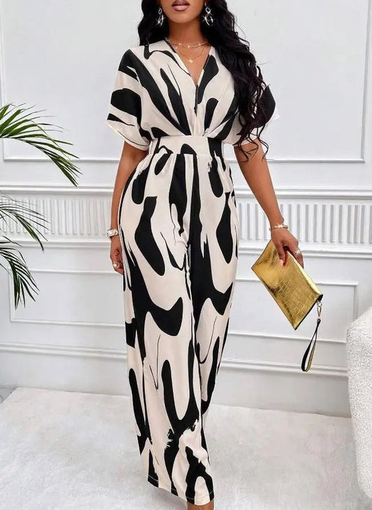 Tiannah - Elegant abstract V-neck jumpsuit