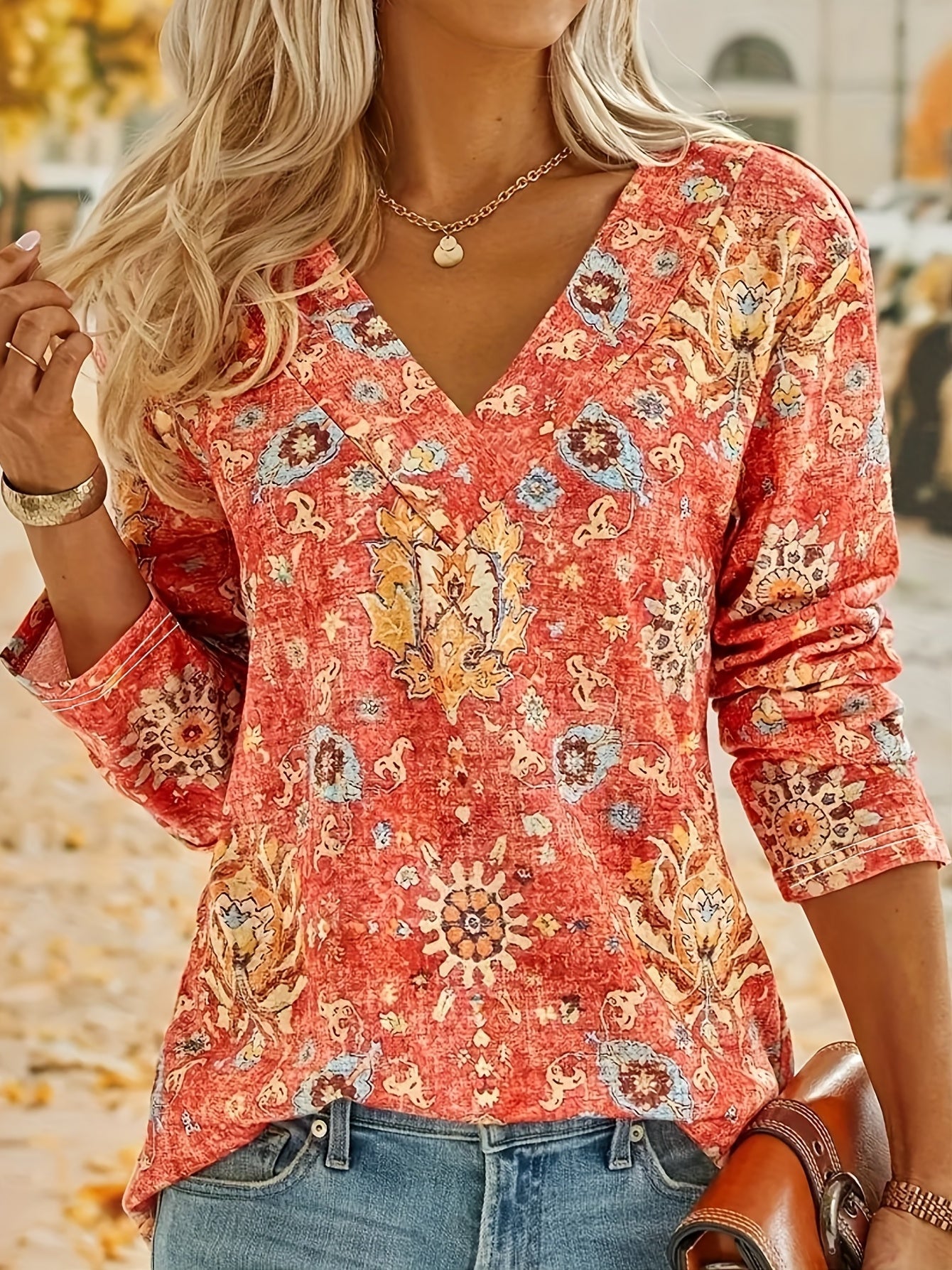 Rosaly - Stylish v-neck bohemian print long-sleeved blouse