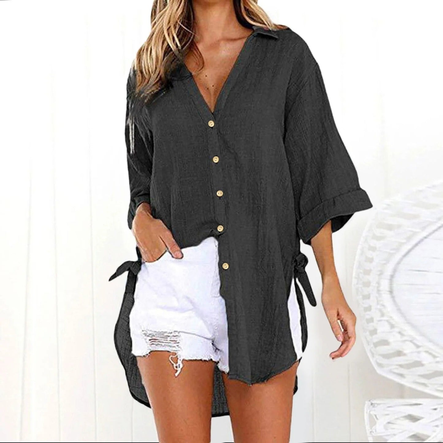 Karmella - Casual loose-fit blouse with buttons and V-neck