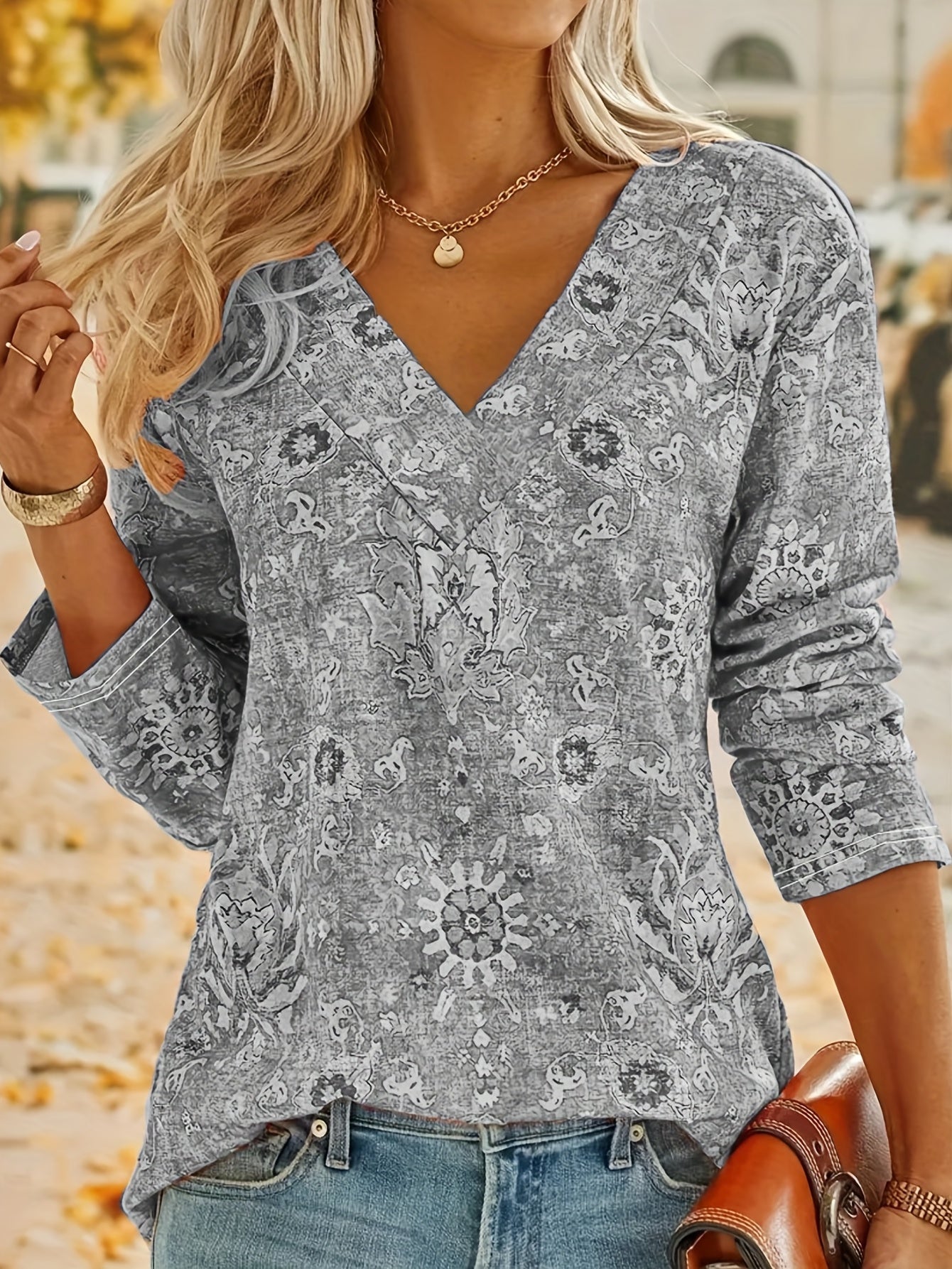Rosaly - Stylish v-neck bohemian print long-sleeved blouse