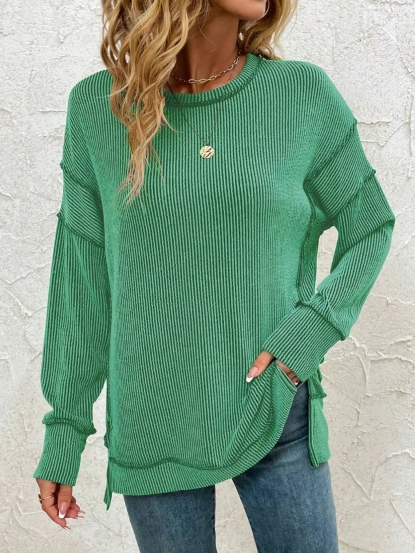 Aimy - Elegant Round-Neck Striped Jumper with Side Slit