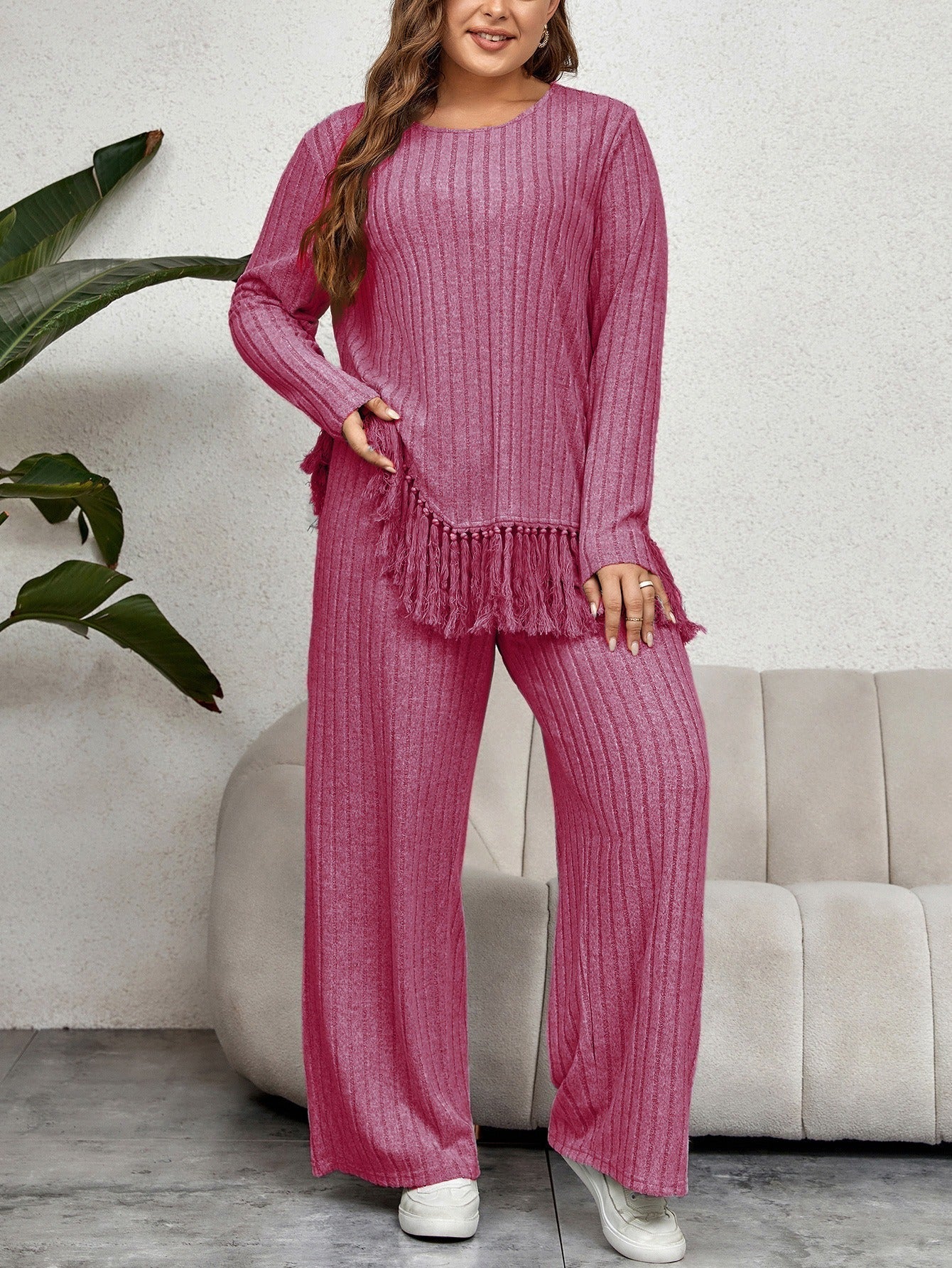 Quinny - Loose Ribbed Knit Jumper Set with Fringe Hem and Trousers
