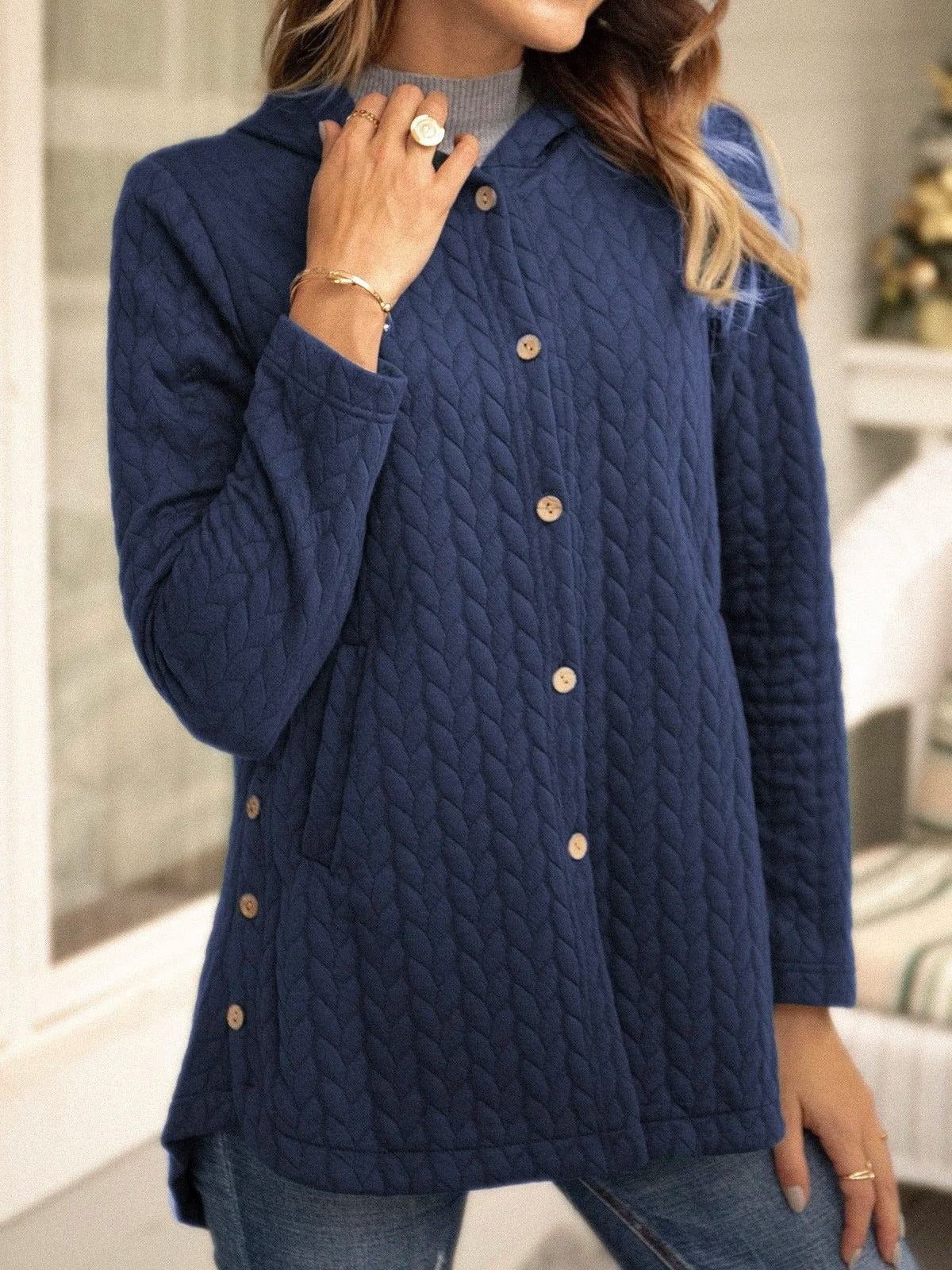 Yazmine - Casual and Versatile Knitted Hooded Cardigan with Buttons