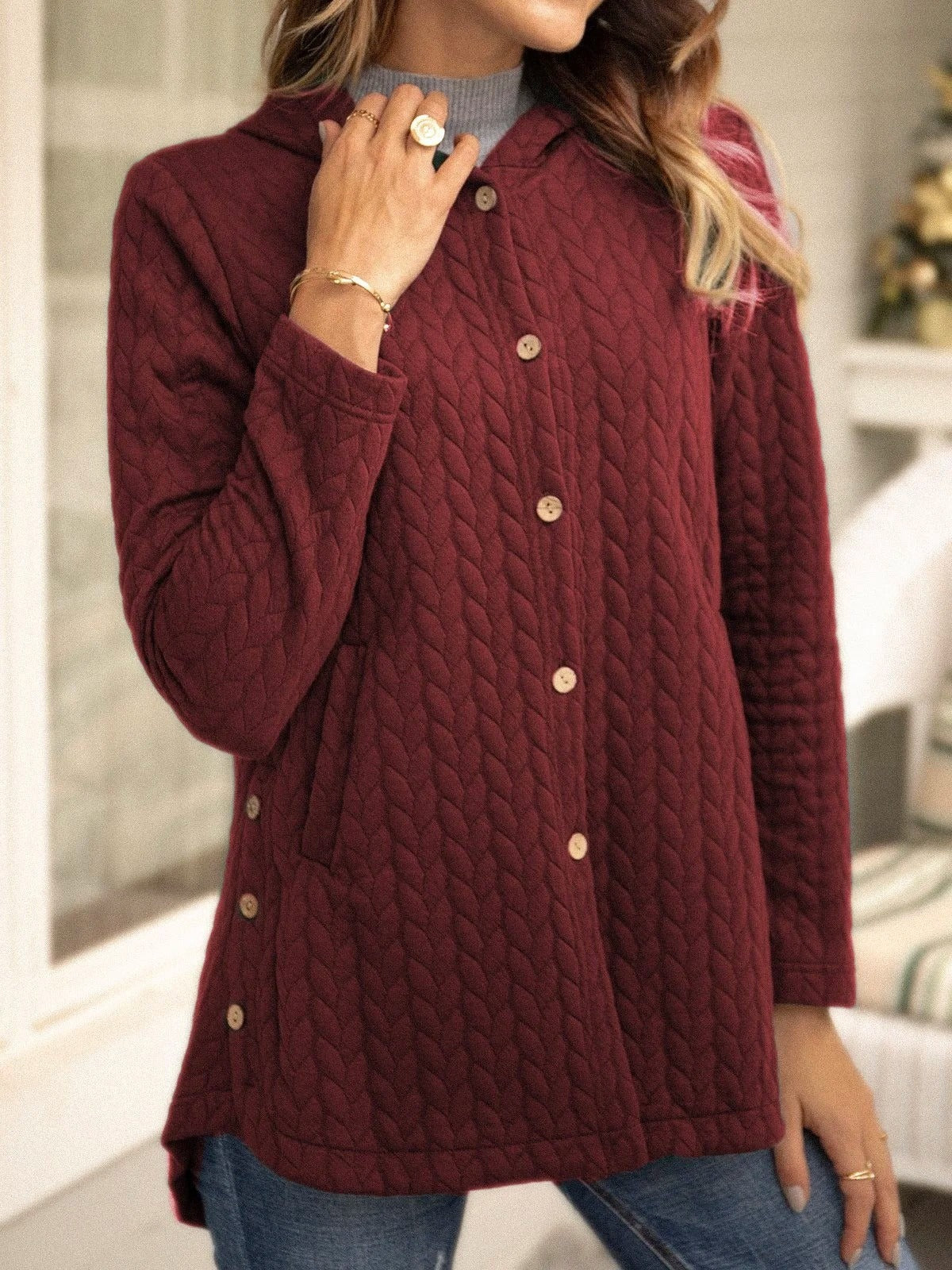 Yazmine - Casual and Versatile Knitted Hooded Cardigan with Buttons