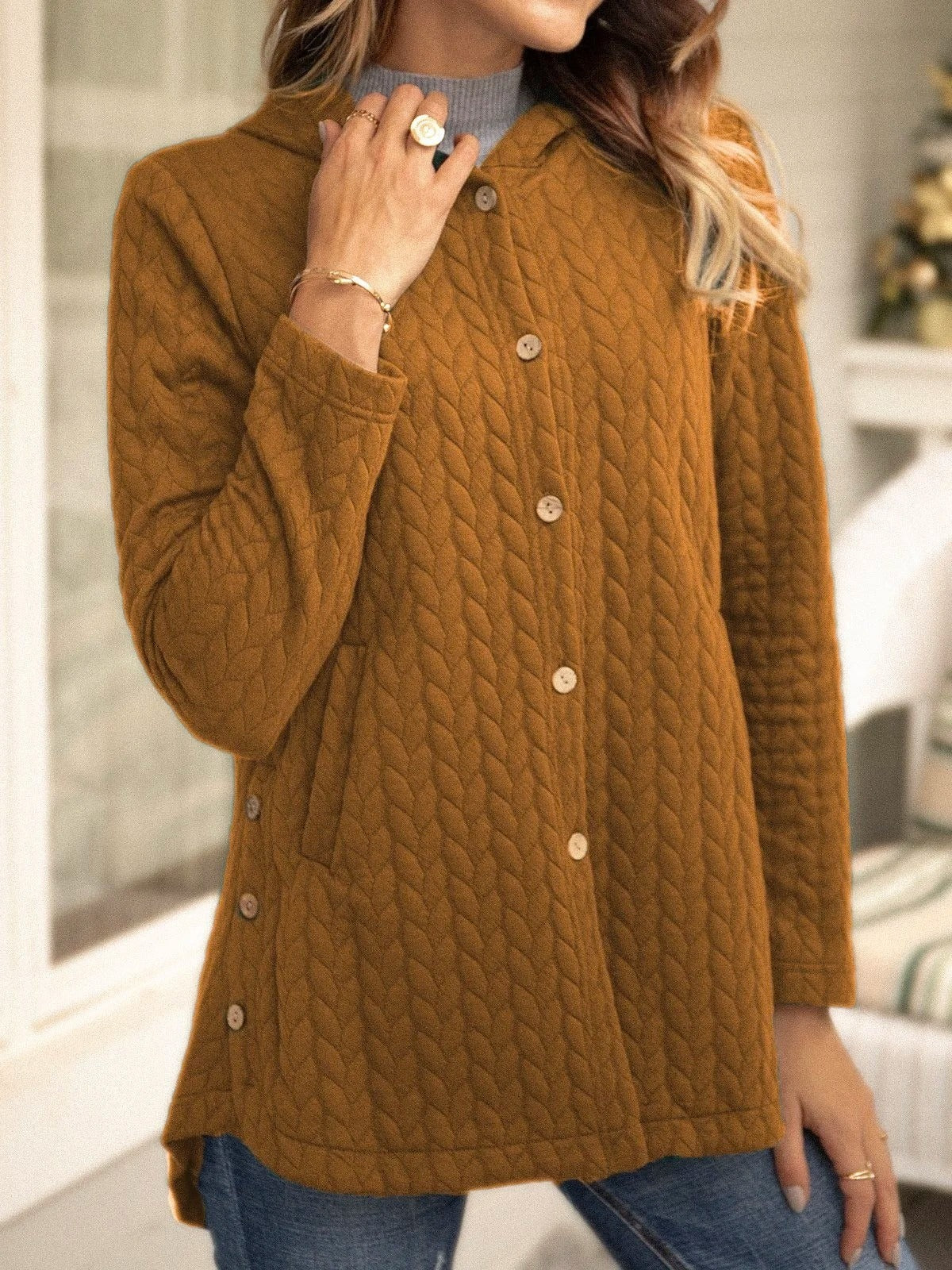 Yazmine - Casual and Versatile Knitted Hooded Cardigan with Buttons