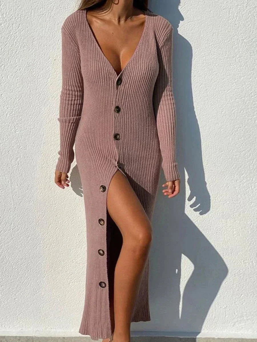 Rhodora - Elegant maxi dress with long sleeves, deep V-neck and buttons