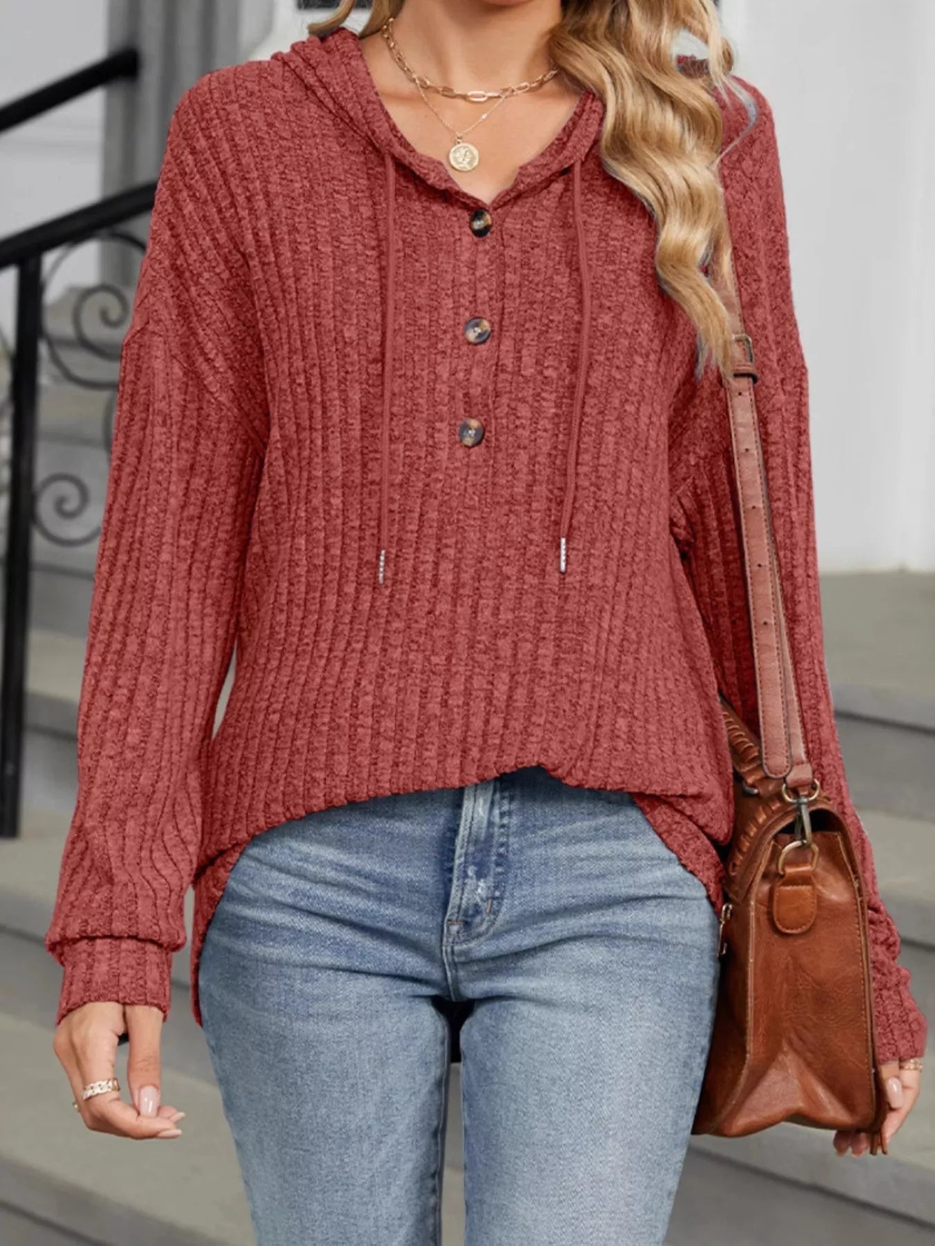 Jenise - Casual ribbed knit button detail hooded sweatshirt