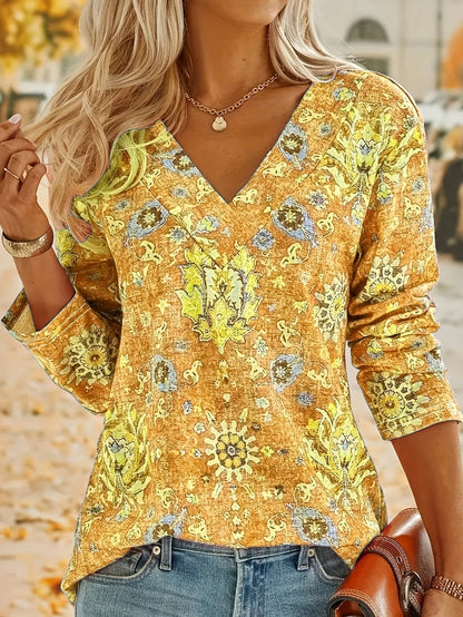 Rosaly - Stylish v-neck bohemian print long-sleeved blouse